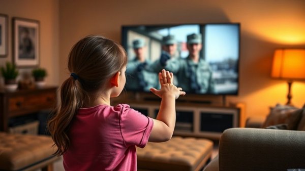 Military child development: girl reaching out to soldier on screen.