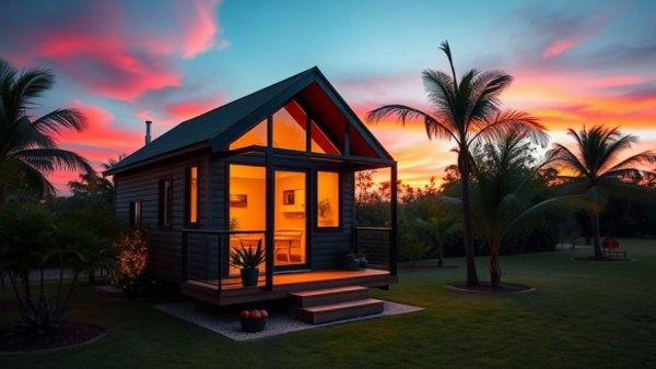 N1 Tiny House with warm lights at sunset, surrounded by trees.