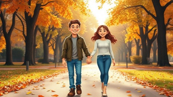 Cheerful couple walking in a vibrant autumn park, seeking validation in love.