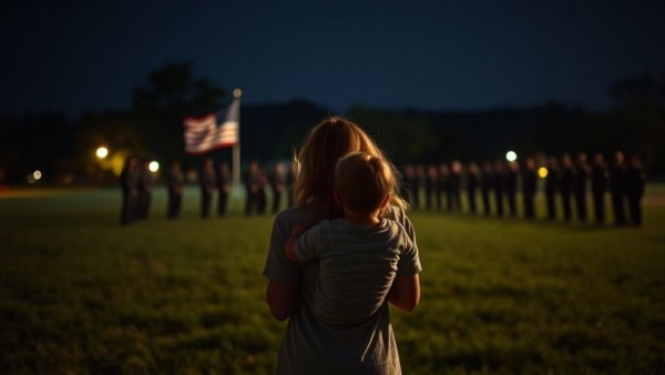 Military spouse with child at nighttime ceremony, flag in view.