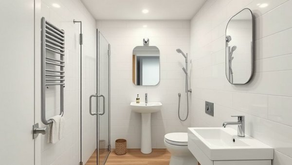 Compact tiny home bathroom interior with sleek fixtures.