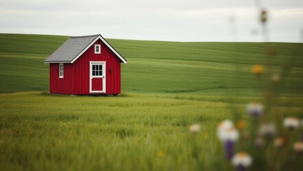 Quaint red tiny house in green field for Best Tiny House Communities in the US.