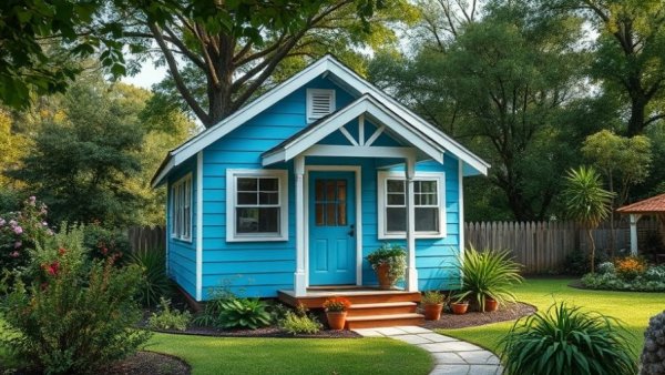 Charming tiny blue house surrounded by lush greenery, emphasizing tiny home movement benefits.