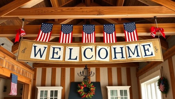 Welcome home banner with American flags under wooden beams, PCS Grief and Moving Forward.