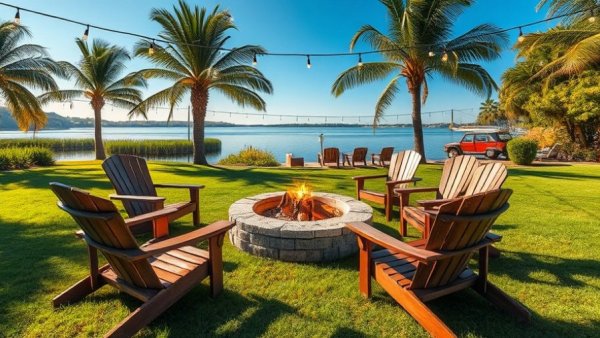 Serene fire pit area at tiny home community in Orlando