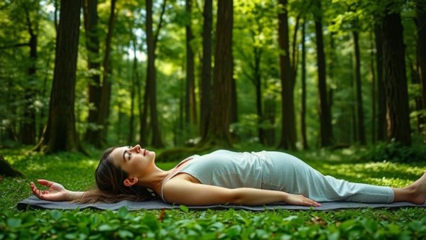 Benefits of Savasana: Woman practicing in serene forest