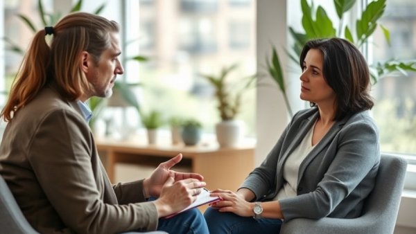 Therapist discussing in an office, couples therapy session.