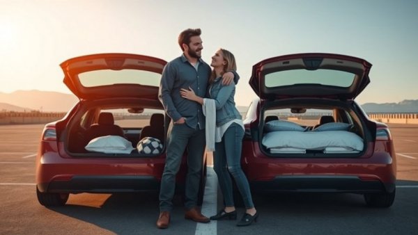 Couple discussing tiny homes with open Tesla trunks in a sunny parking lot.