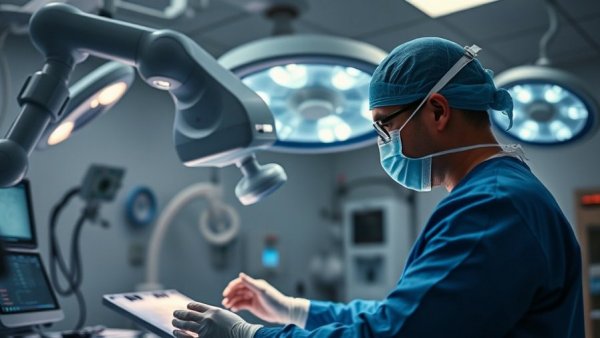 Surgeon using robotic system in types of GI surgery options.