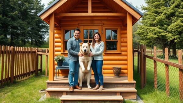 Couple discussing tiny homes outside their charming wooden tiny house.
