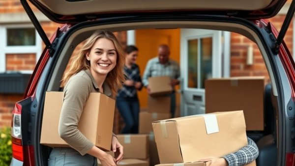 Liminal Space in Relationships: Young woman packing car while parents watch.