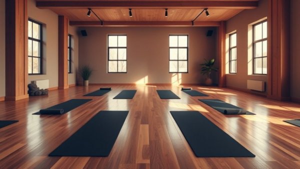 Modern yoga studio with mats and blocks illustrating serene space.
