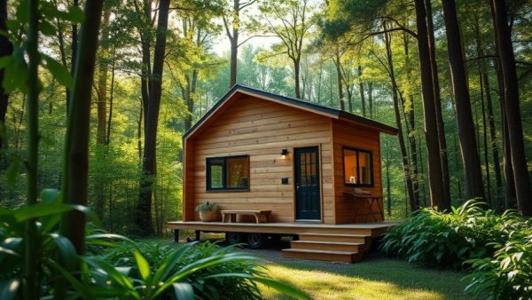 Modern tiny home in lush forest during sunny day