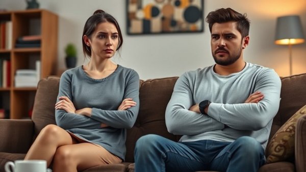 Cognitive Overload in Relationships: Tense couple on couch.