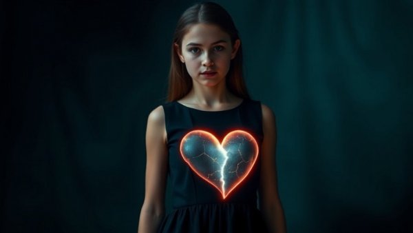 Glowing cracked heart on woman's dress symbolizing escaping an abusive relationship.