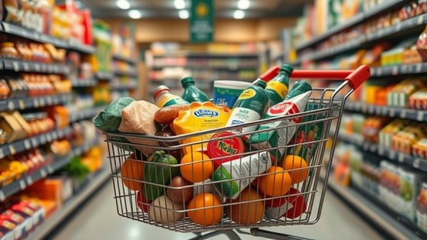 Smart shopping tips in a grocery store aisle with full cart