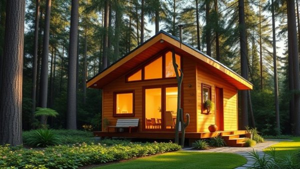 Modern tiny house plans for first-time buyers in a lush forest setting.
