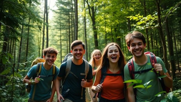Kids hiking in forest at active summer camp.