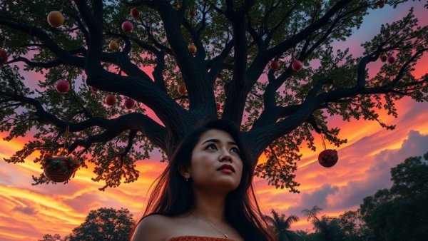 Serene young woman thriving alone at sunset, colorful cartoon scene.