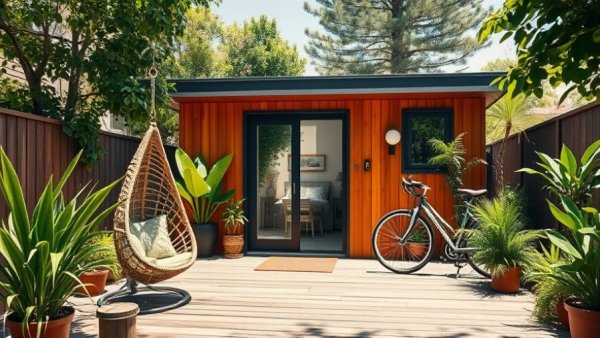 Modern backyard studio design with DIY plans in a lush setting.