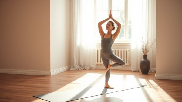 Woman practicing 10-minute morning yoga in serene home studio.