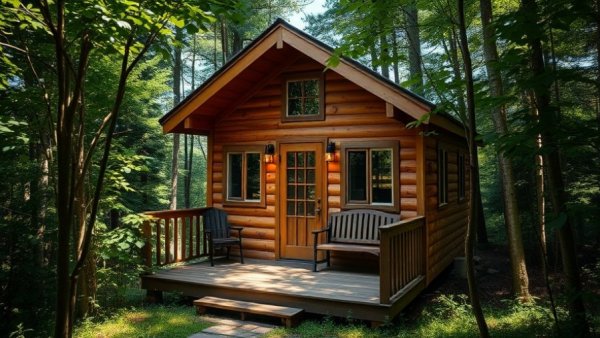 Cozy wooden tiny home surrounded by greenery, tiny homes discussions.