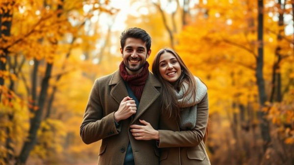 Young couple in forest sharing a coat, relationship therapy