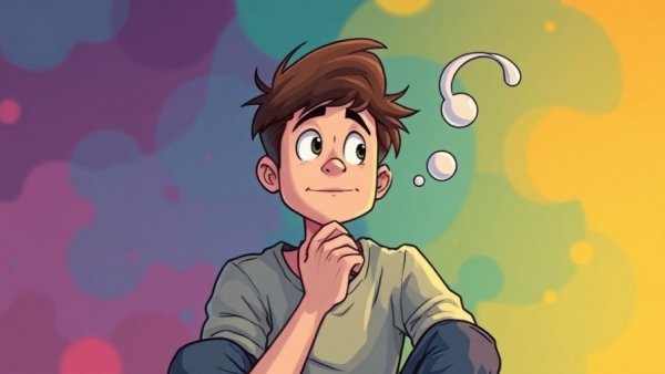 Young man deep in thought with swirling bubble, cartoon style.