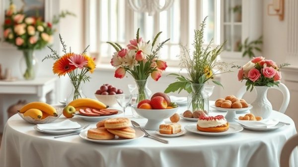 Elegant brunch table with fresh fruits and pastries, promoting health and wellness.
