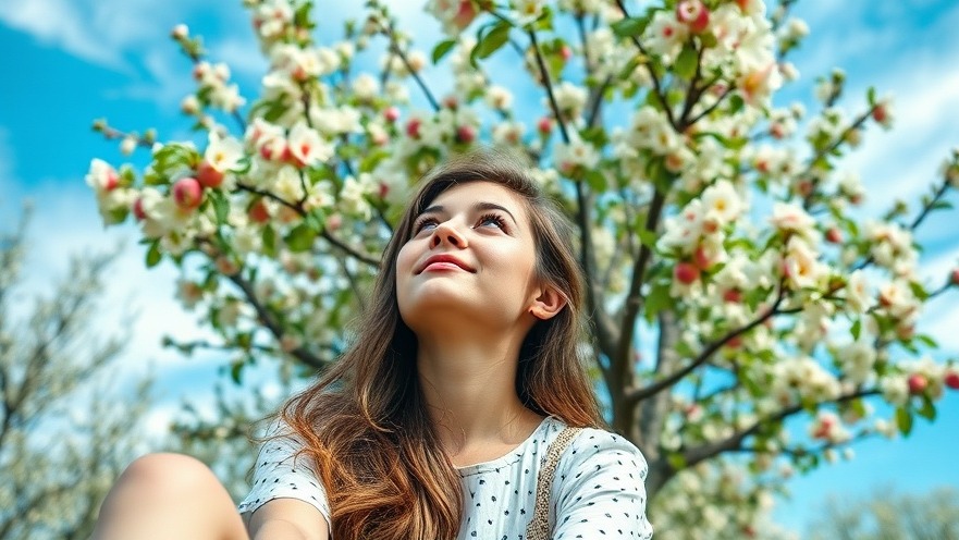 Young woman under apple tree, embodying resilience through gratitude.