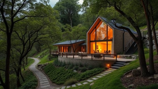 Eco-friendly hempcrete home with warm glow in nature.