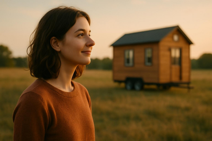 Young adult admiring a tiny home, embodying sustainable living in a sunlit field.