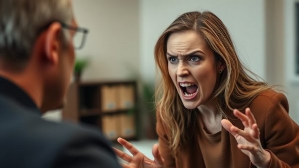 Expressive woman arguing intensely with a man, conveying tension.