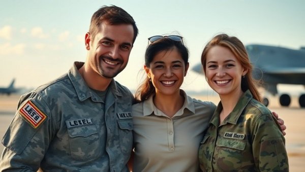 Military family posing together on airfield.