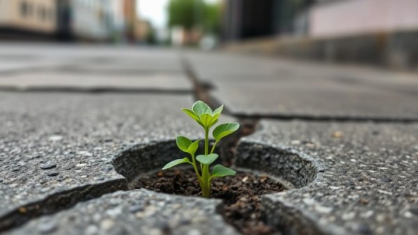 Small plant surviving modern life by growing through concrete.
