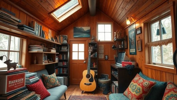 Cozy tiny house living space with eclectic decor, showcasing living in a tiny house.