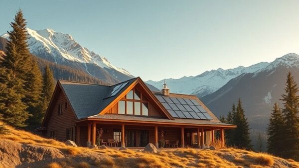 Modern sustainable home with solar panels in mountains.