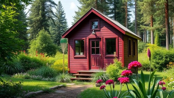 Charming maroon creekfront tiny home for sale with lush greenery