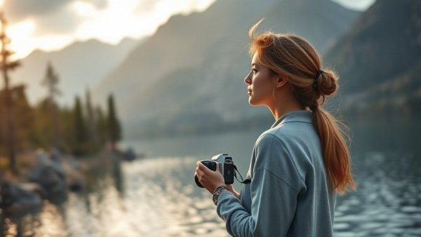 Peaceful woman enjoying lakeside view for mental wellness without meditating.