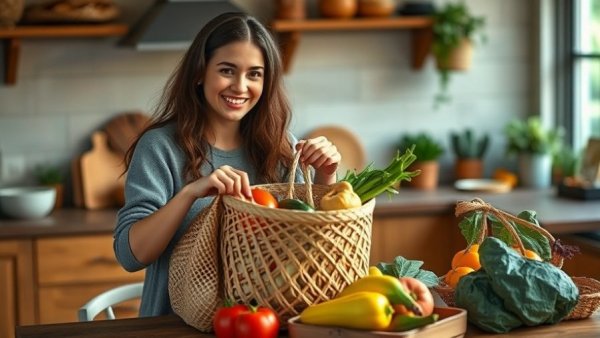 Zero waste grocery shopping with reusable bags and fresh produce.