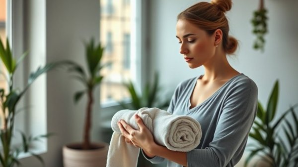 Woman folding towels to avoid clutter, understanding why clutter keeps coming back.