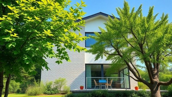 Modern sustainable house with lush greenery and brickwork.