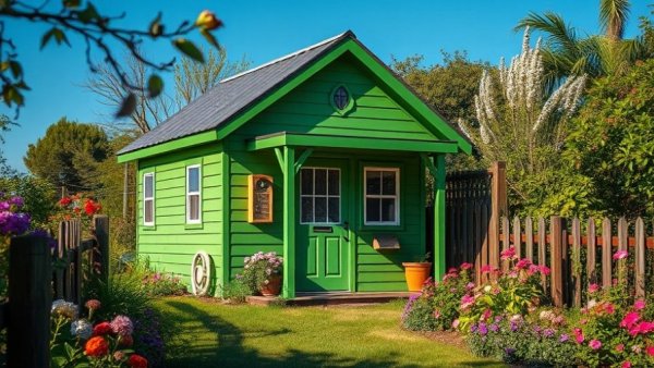 Living large in tiny homes: cozy green tiny house in lush setting.