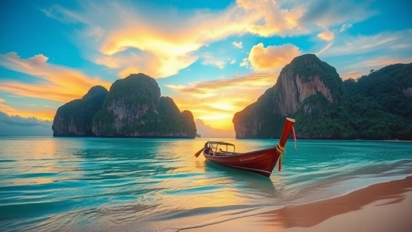 Tranquil beach with a boat, symbolizing a life of meaning and simplicity.