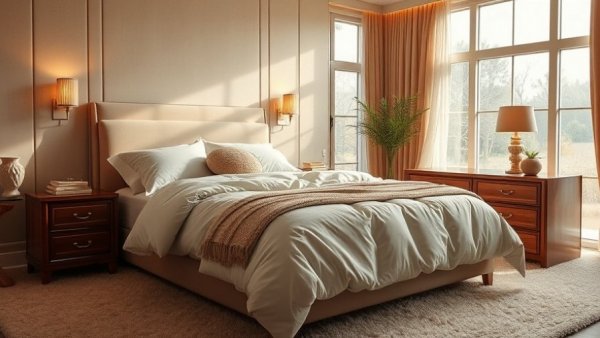 Elegant bedroom with plush bedding and wooden furniture for military spouse home furnishing guide.