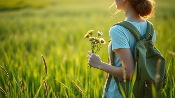 Mindful walking in a green field with flowers and backpack