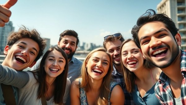 Group of friends smiling broadly promoting positive mental health.