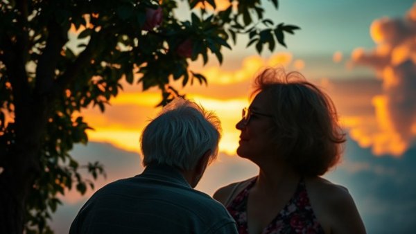 Emotional wellness scene with two people under a sunset.