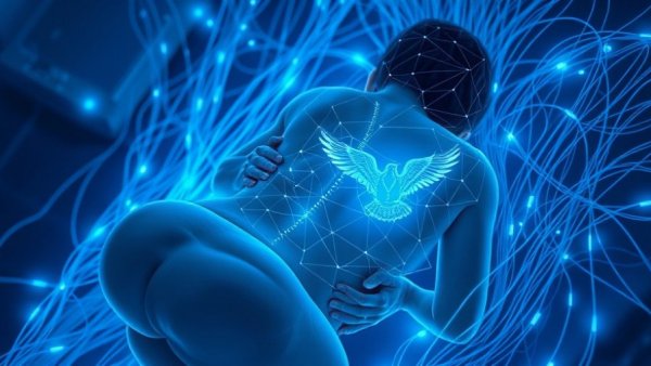 Digital illustration of mental wellness with glowing blue veins and bird symbol