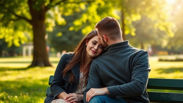 Couple making time for your marriage on a park bench in warm sunlight.